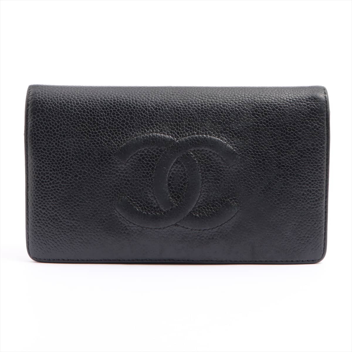 Chanel Coco Mark Caviarskin Wallet Black Silver Metal fittings 15XXXXXX