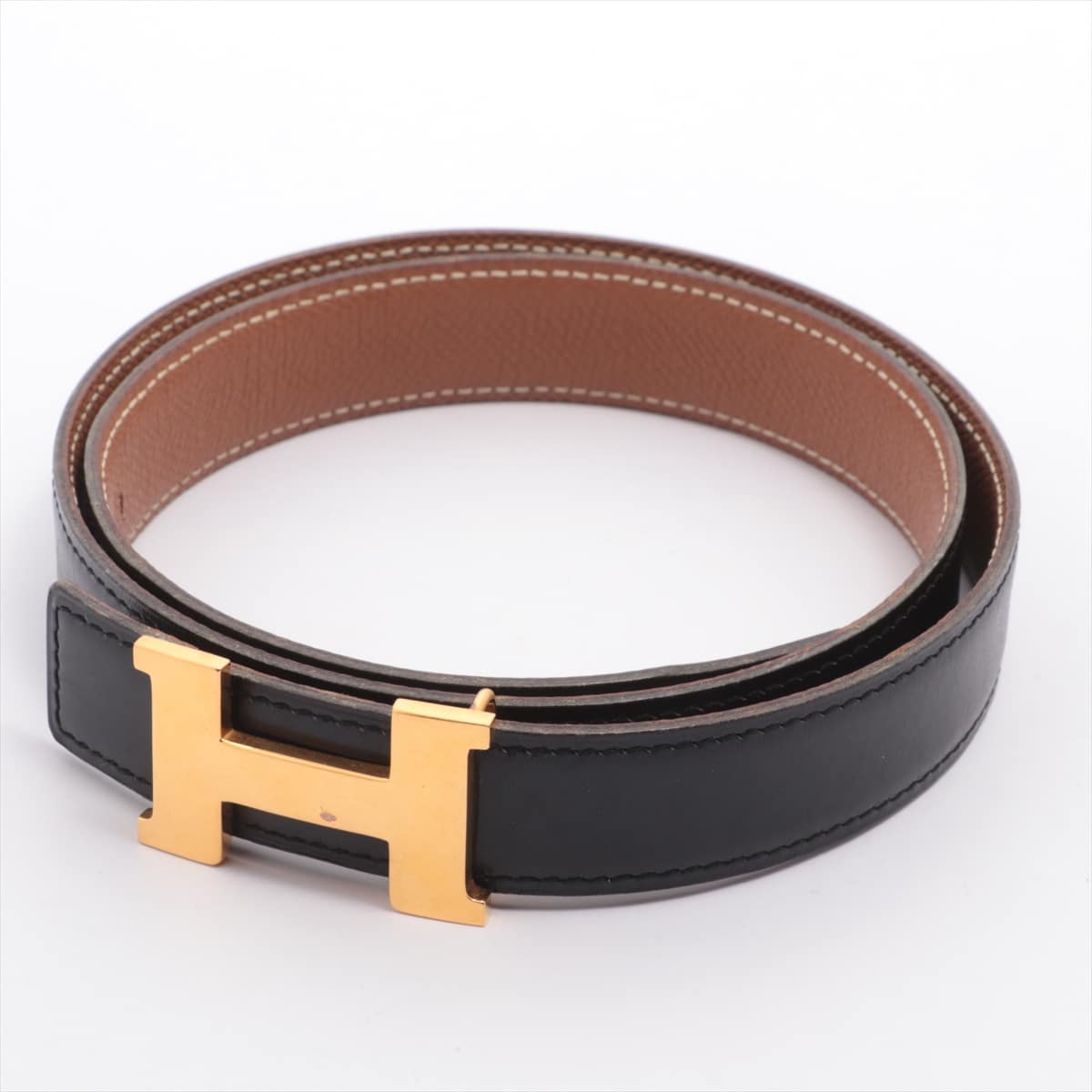 Hermès H Belt □D engraved 2000 Belt GP & Leather Black×Gold