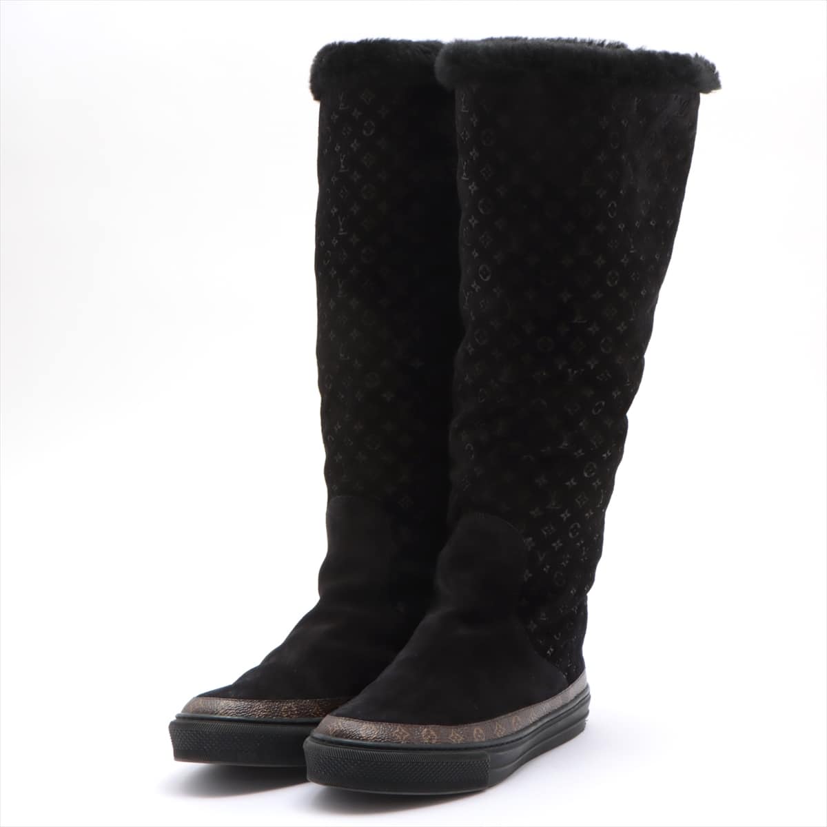 Louis Vuitton 18 years Mouton × Leather Long boots 38 1/2 Ladies' Black snowball line Monogram CL0168