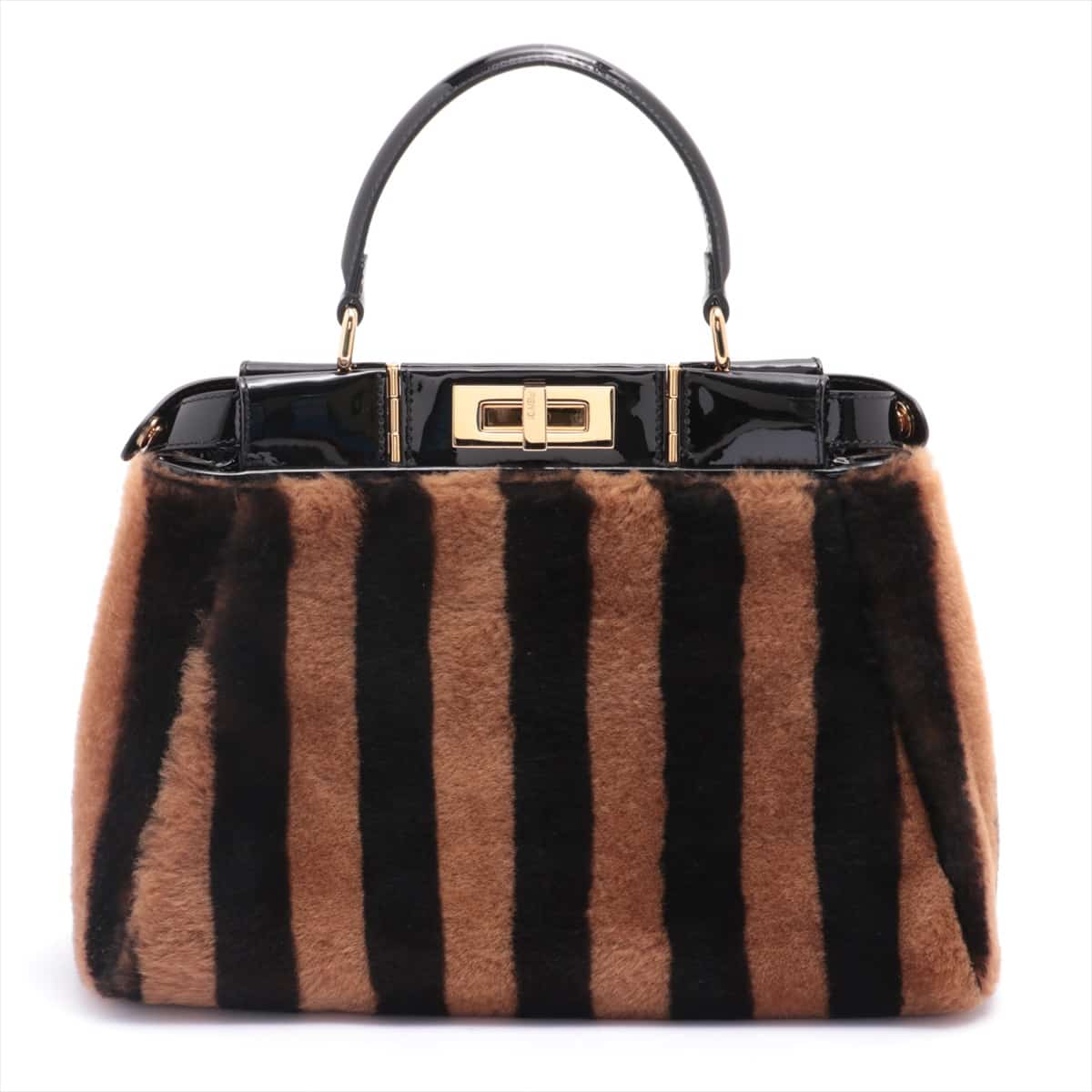 Fendi Peek-a-boo Pecan Fur x patent 2way handbag Black × Brown 8BN290