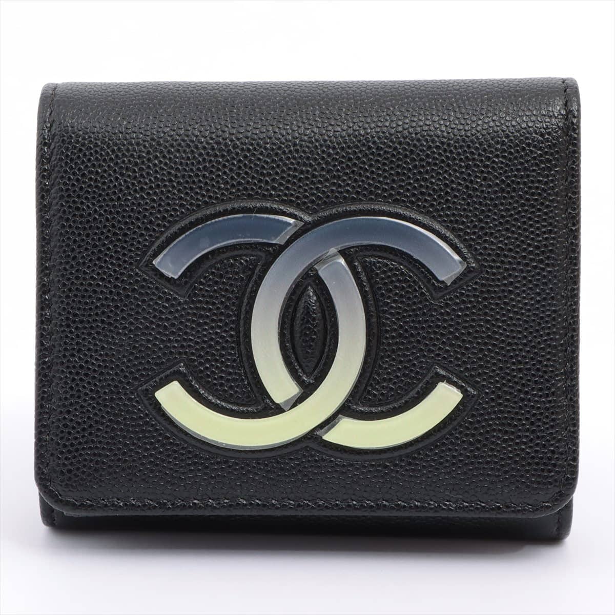 Chanel Coco Mark Caviarskin Wallet Black Silver Metal fittings 27th