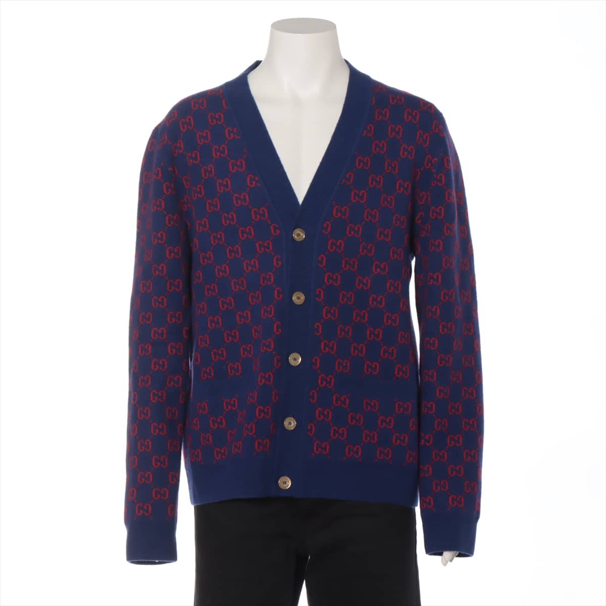 Gucci 21AW Wool & Cashmere Cardigan XL Men's Navy x red  597724 GG wool