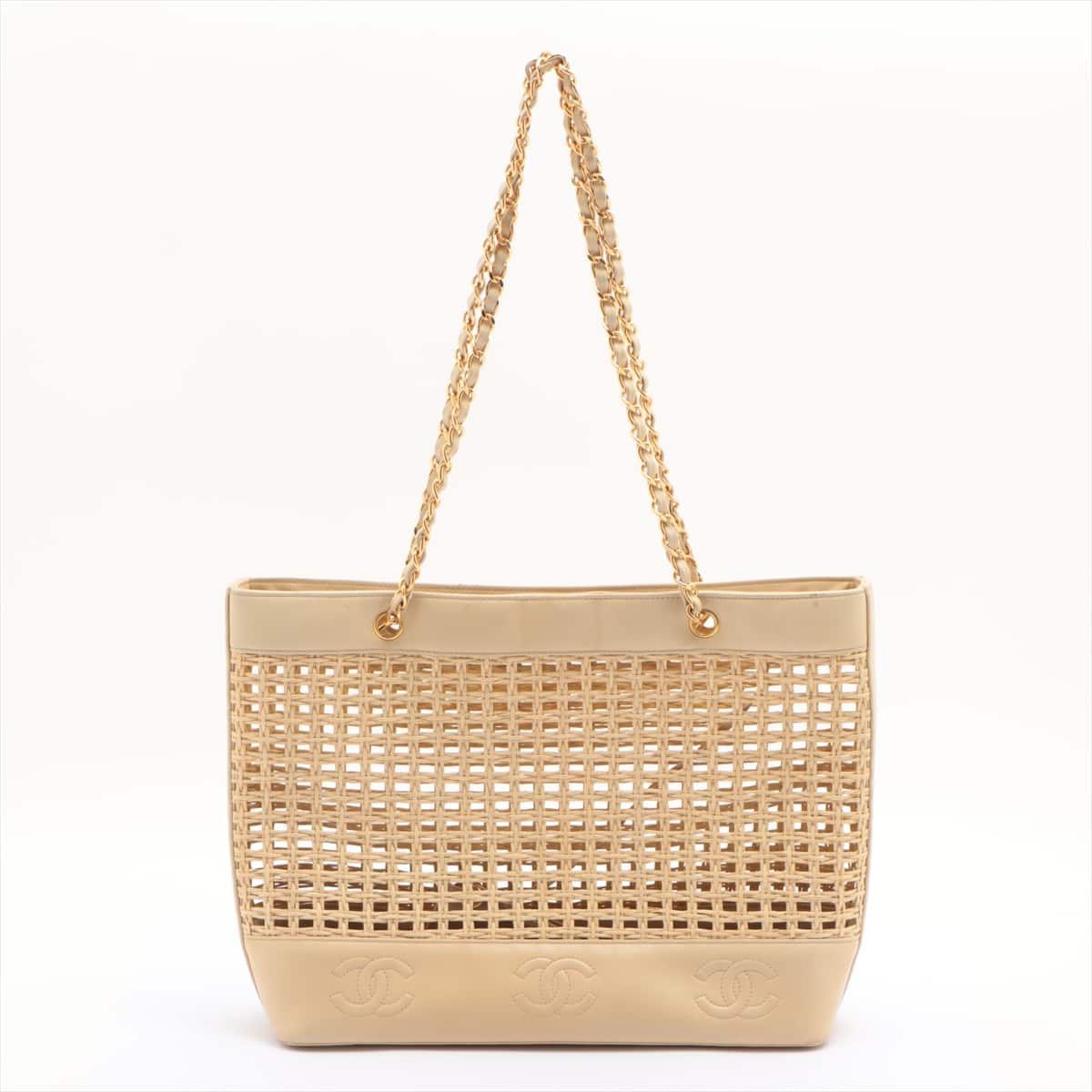 Chanel Triple Coco Straw & leather Chain tote bag Beige Gold Metal fittings 4XXXXXX with pouch