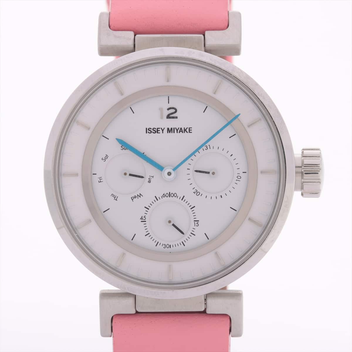 ISSEY MIYAKE SILAV003 SS & Leather QZ White-Face VD75-0030/Day-Date/Dial logo near dirt