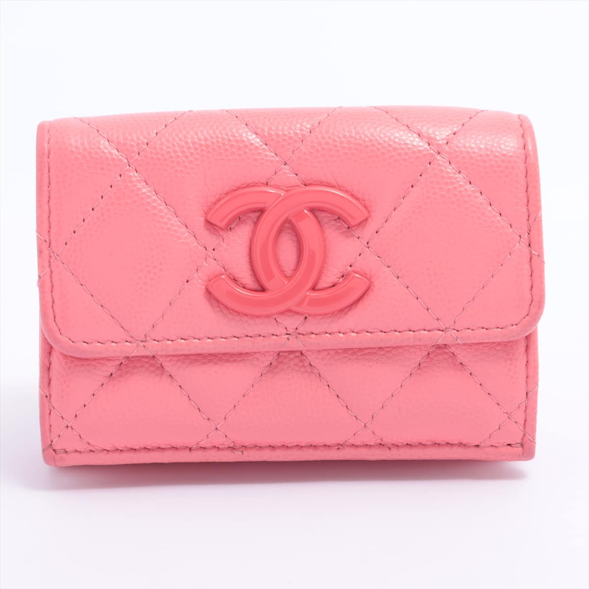 Chanel Matelasse Caviarskin Compact Wallet Pink Silver Metal fittings 30