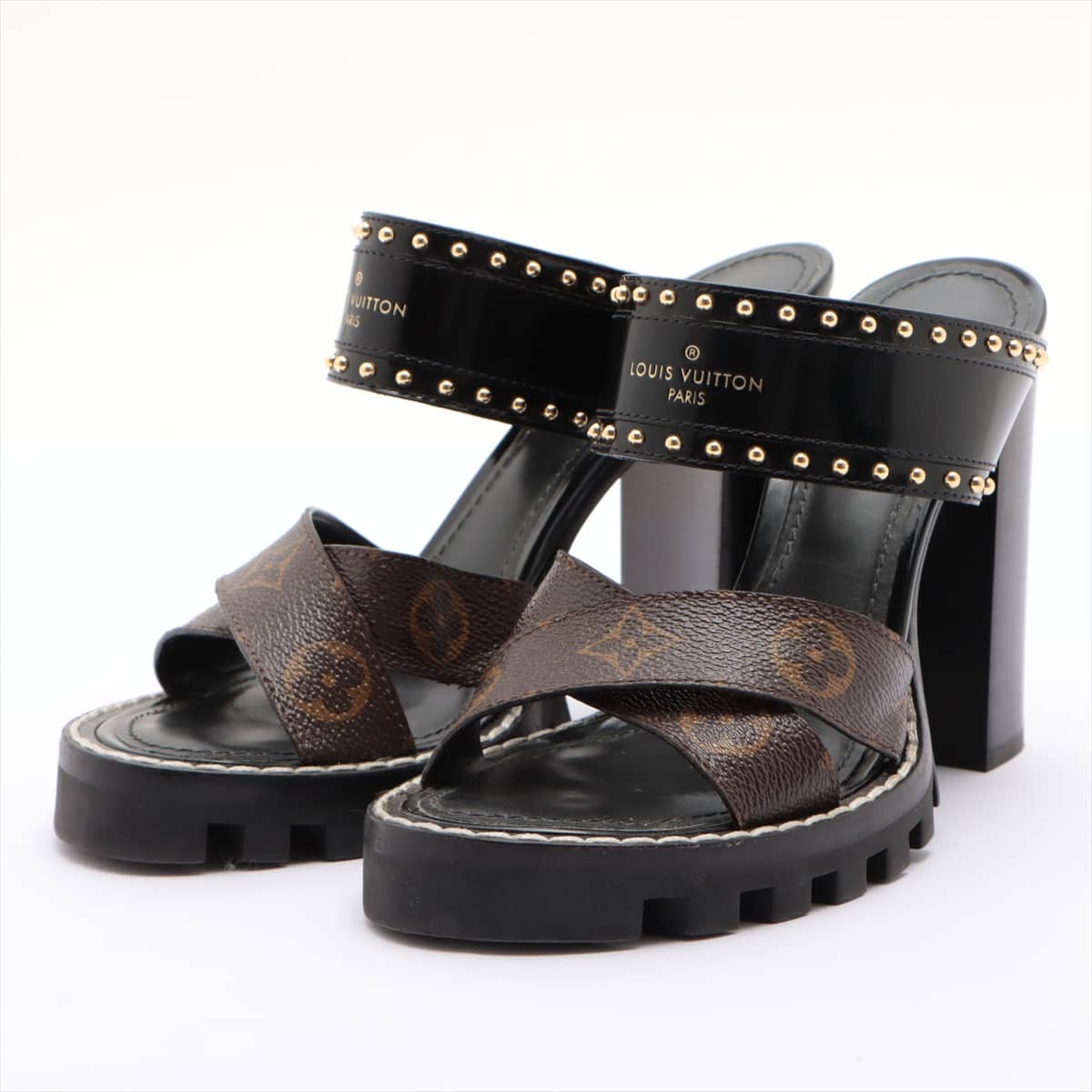 Louis Vuitton Star Trail Line 20 years PVC & leather Sandals 38 Ladies' Black × Brown Monogram MA0210 Gold studs
