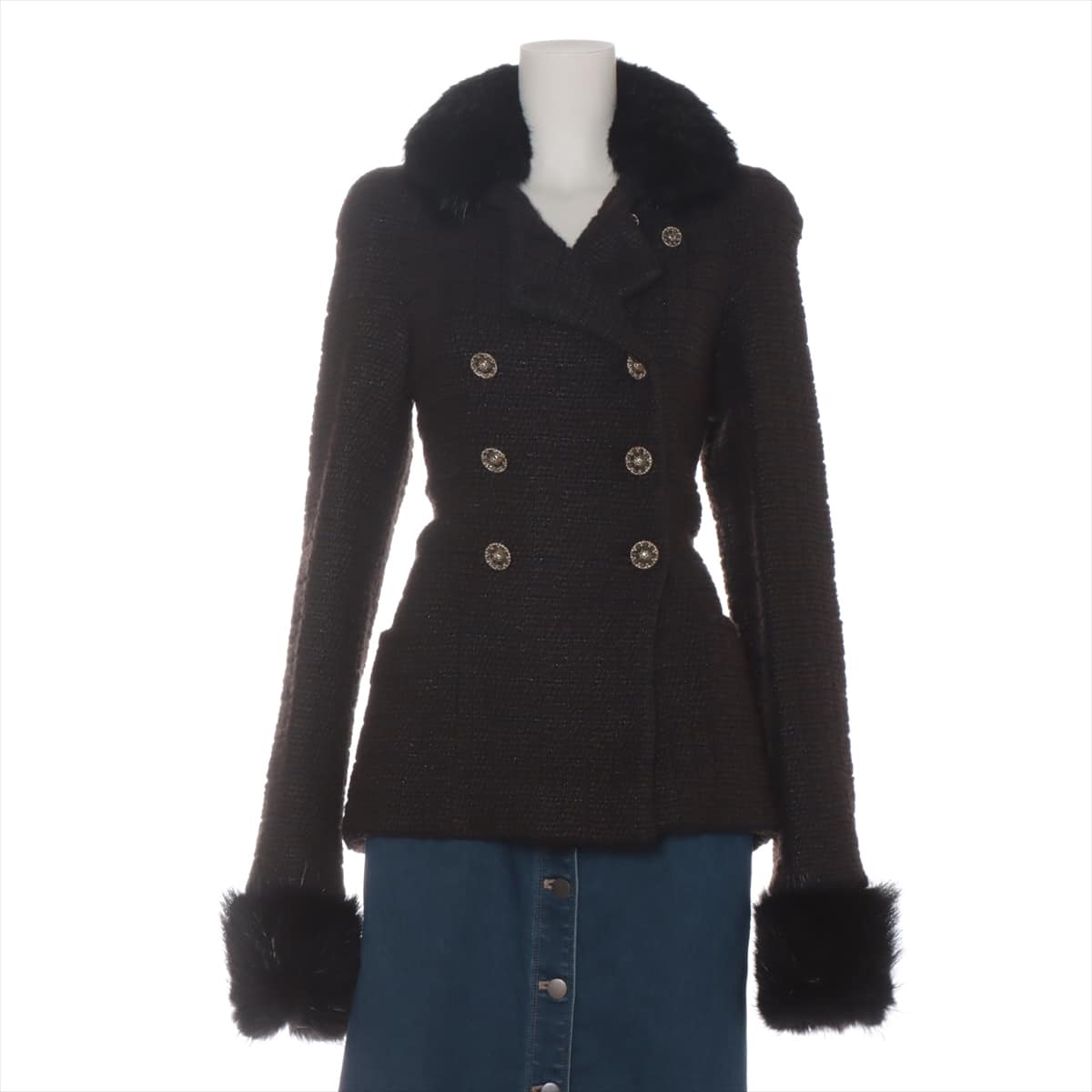 Chanel Coco Button P38 Tweed Half coat 38 Ladies' Brown  Removable fur