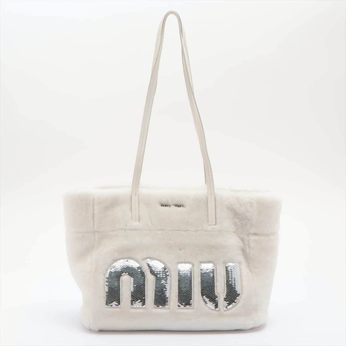 Miu Miu Shearing Logo Faux fur Tote bag White 5BG147 with pouch