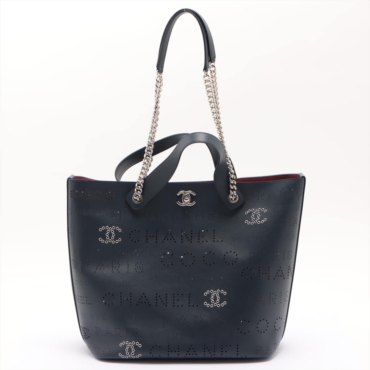 Chanel Coco Mark Punching leather 2way shoulder bag Navy blue Silver Metal fittings 27th with pouch