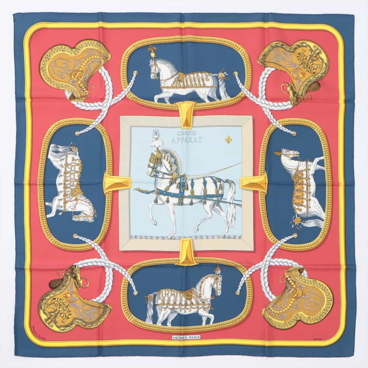 Hermès Carré 90  GRAND APPARAT Horses in style Scarf Silk Navy blue