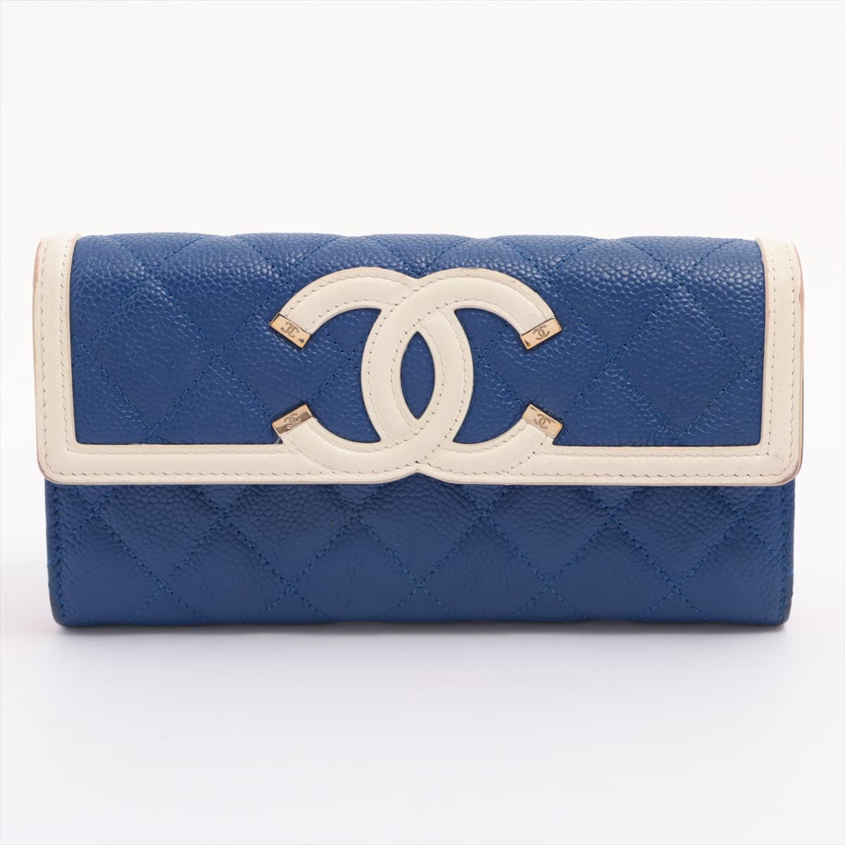 Chanel CC Filigree Caviarskin Wallet Blue Gold Metal fittings 27th