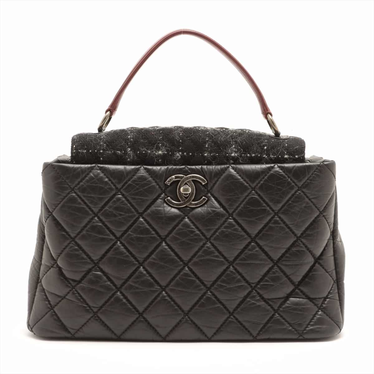 Chanel Portobello Tweed x Leather 2way handbag Vintage calf Black Silver Metal fittings 18XXXXXX