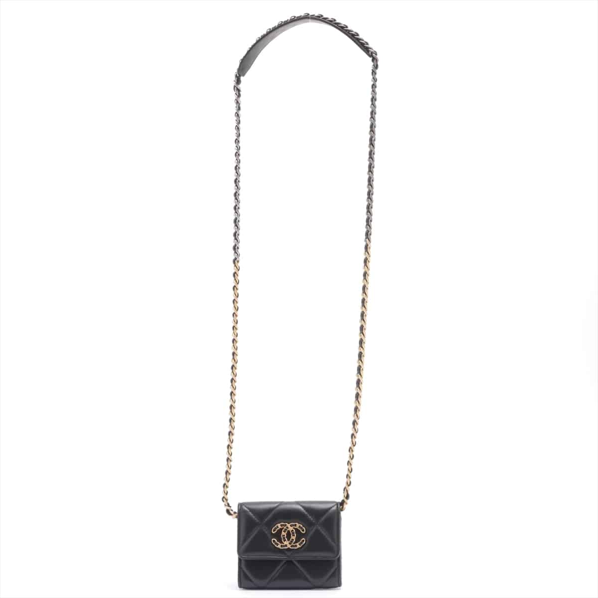 Chanel CHANEL 19 Lambskin Chain wallet Card Case Black Gold Metal fittings 30