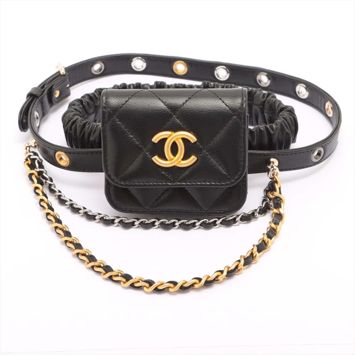 Chanel Matelasse Lambskin Waist bag AIRPODS CASE Black Gold x silver metal fittings 31st