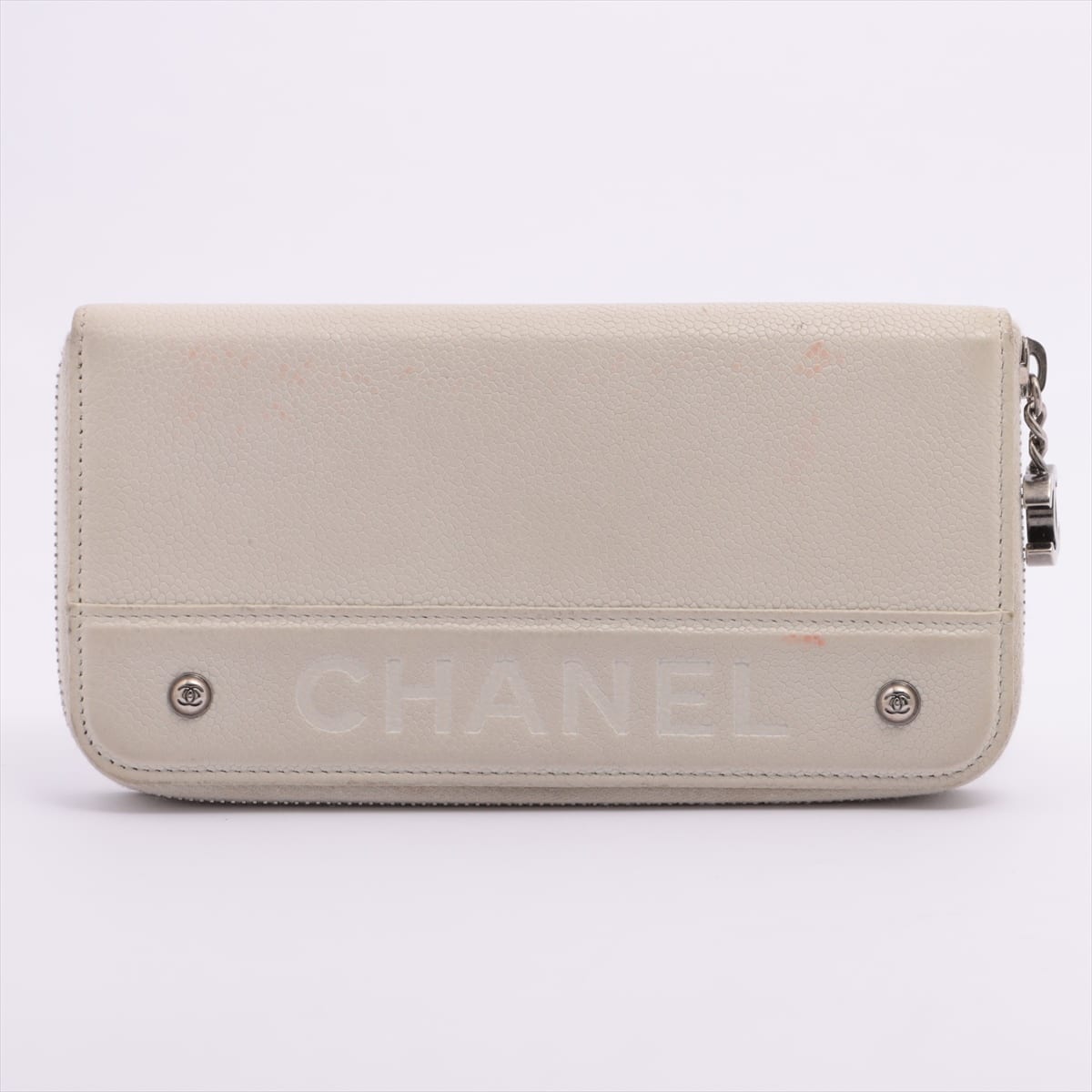 Chanel Logo Caviarskin Round-Zip-Wallet White Silver Metal fittings 10XXXXXX