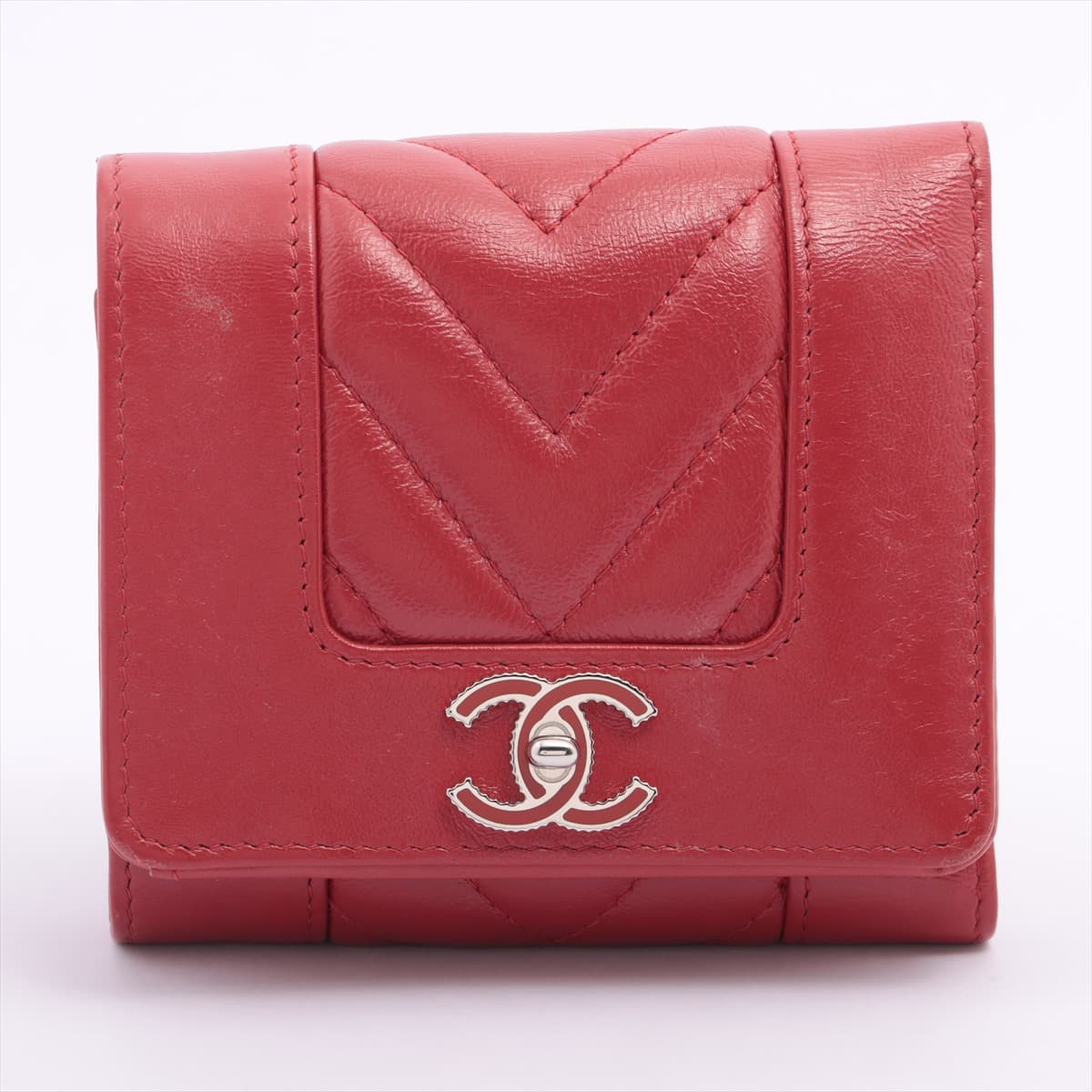Chanel Mademoiselle Vintage Lambskin Wallet Bi-fold Red Silver Metal fittings 29th