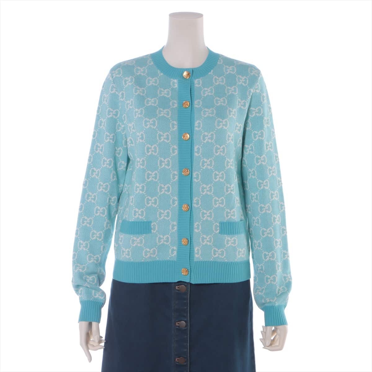 Gucci Cotton & Wool Cardigan S Ladies' Blue  629452 GG Intarsia