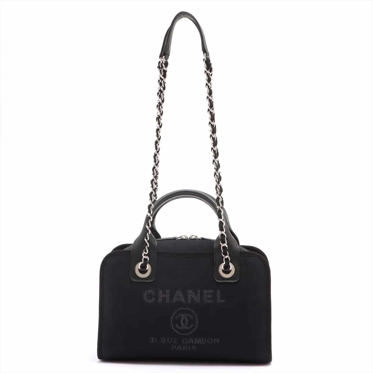 Chanel Deauville Cotton 2way handbag A92749 Black Silver Metal fittings There is an IC chip