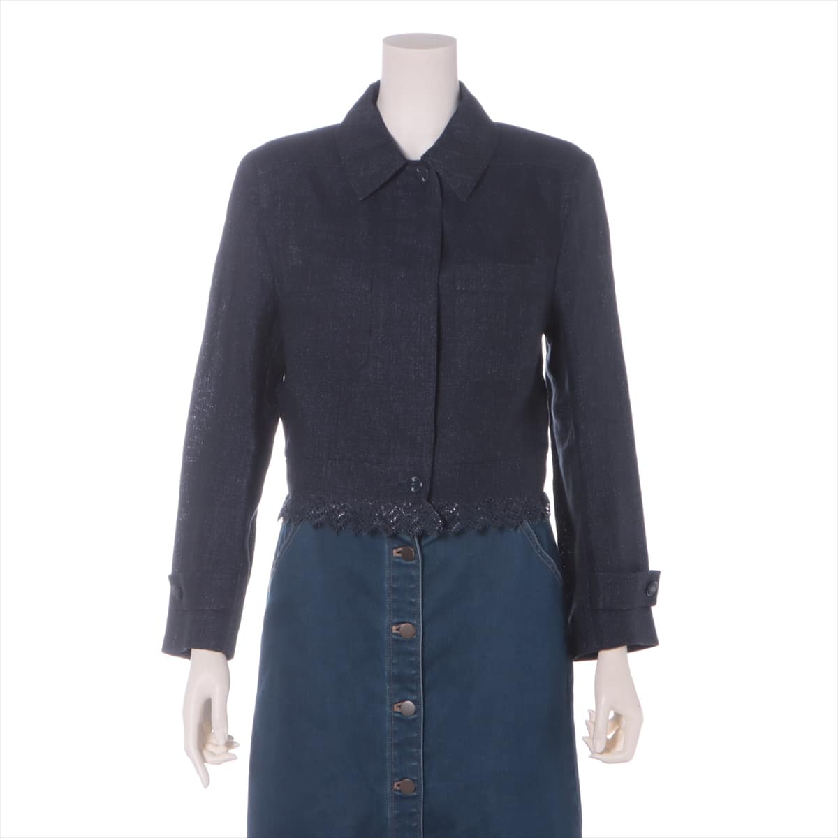 Chanel 01P Linen Jacket 38 Ladies' Navy blue  Coco Button