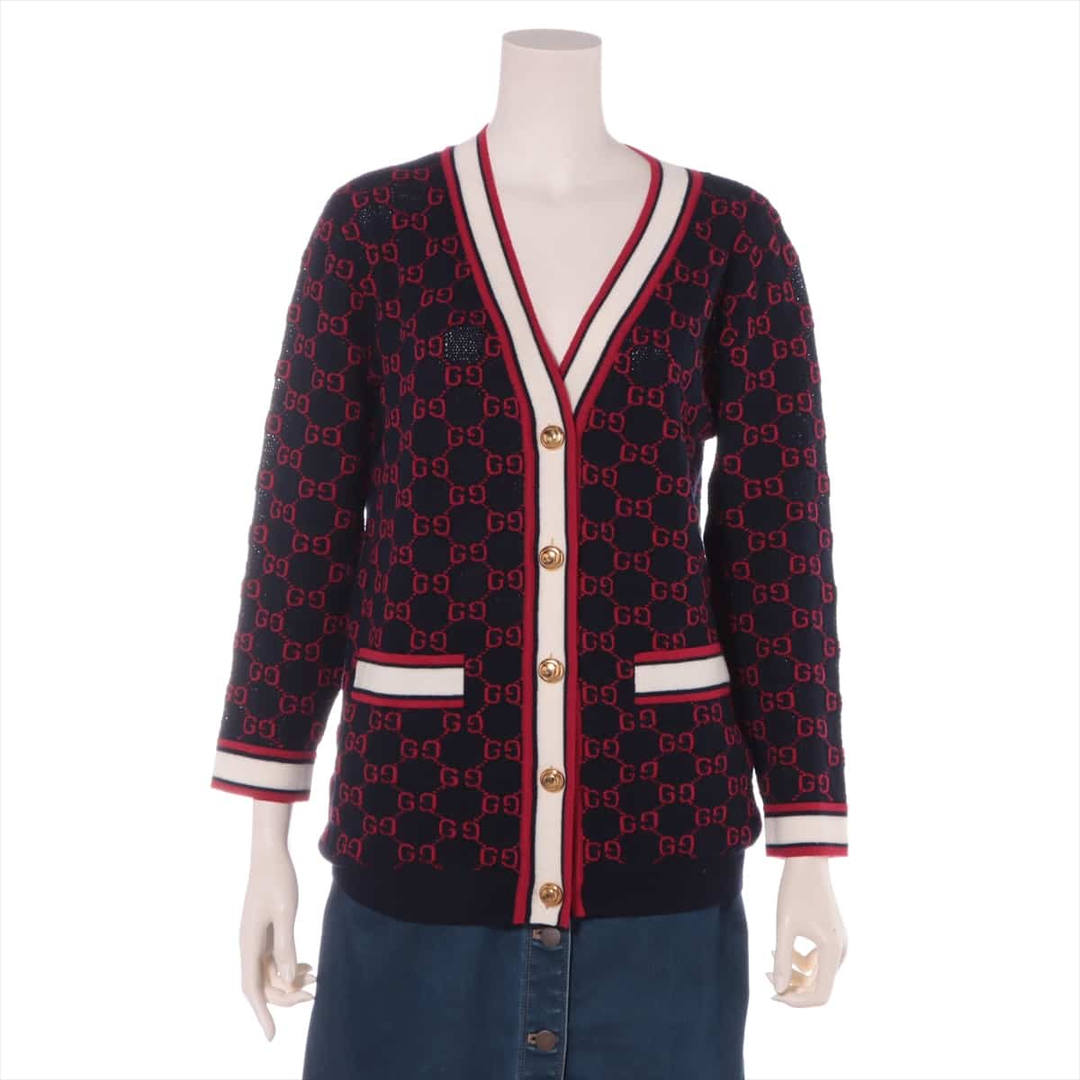 Gucci GG jacquard Wool Cardigan XS Ladies' Navy x red  554425