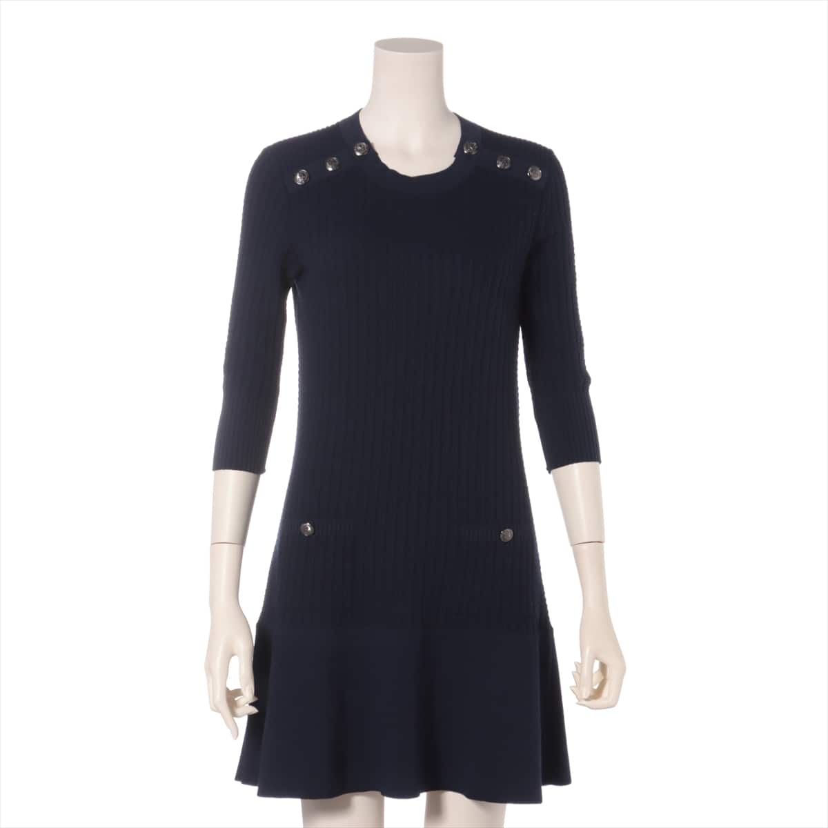 Chanel Anchor P59 Cotton & Wool Knit dress 36 Ladies' Navy blue  Coco Mark