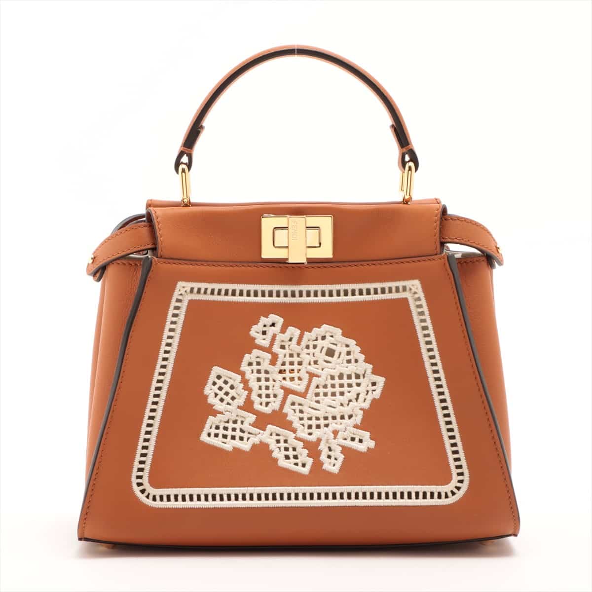 Fendi Mini Peek-a-boo iconic Leather 2way handbag Brown 8BN244 Floral embroidery