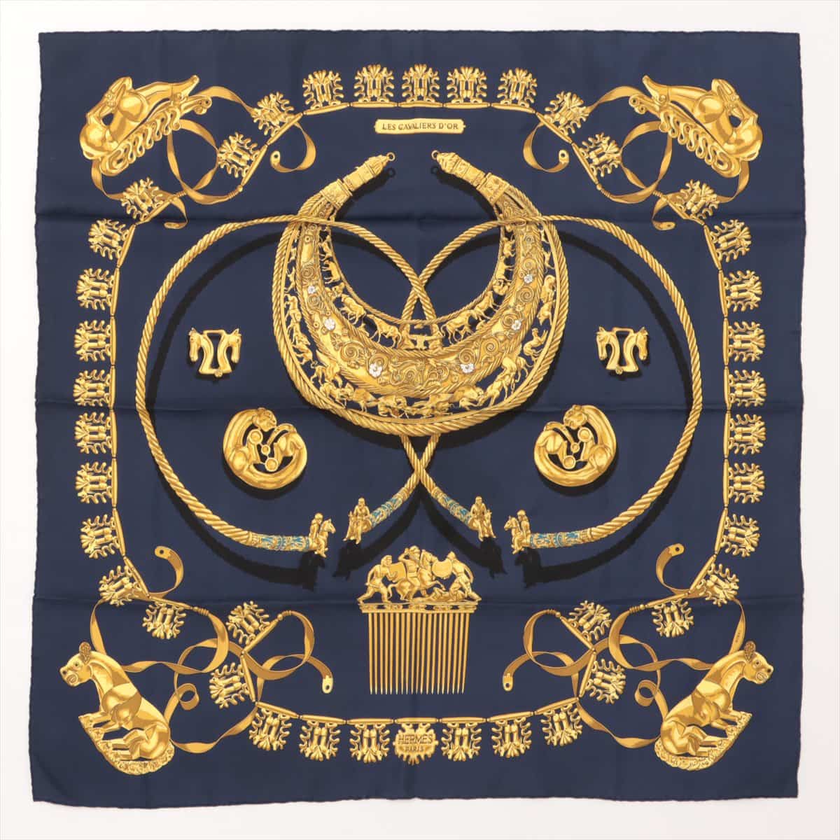 Hermès Carré 90 LES CAVALIERS D'OR The Golden Knight Scarf Silk Navy blue