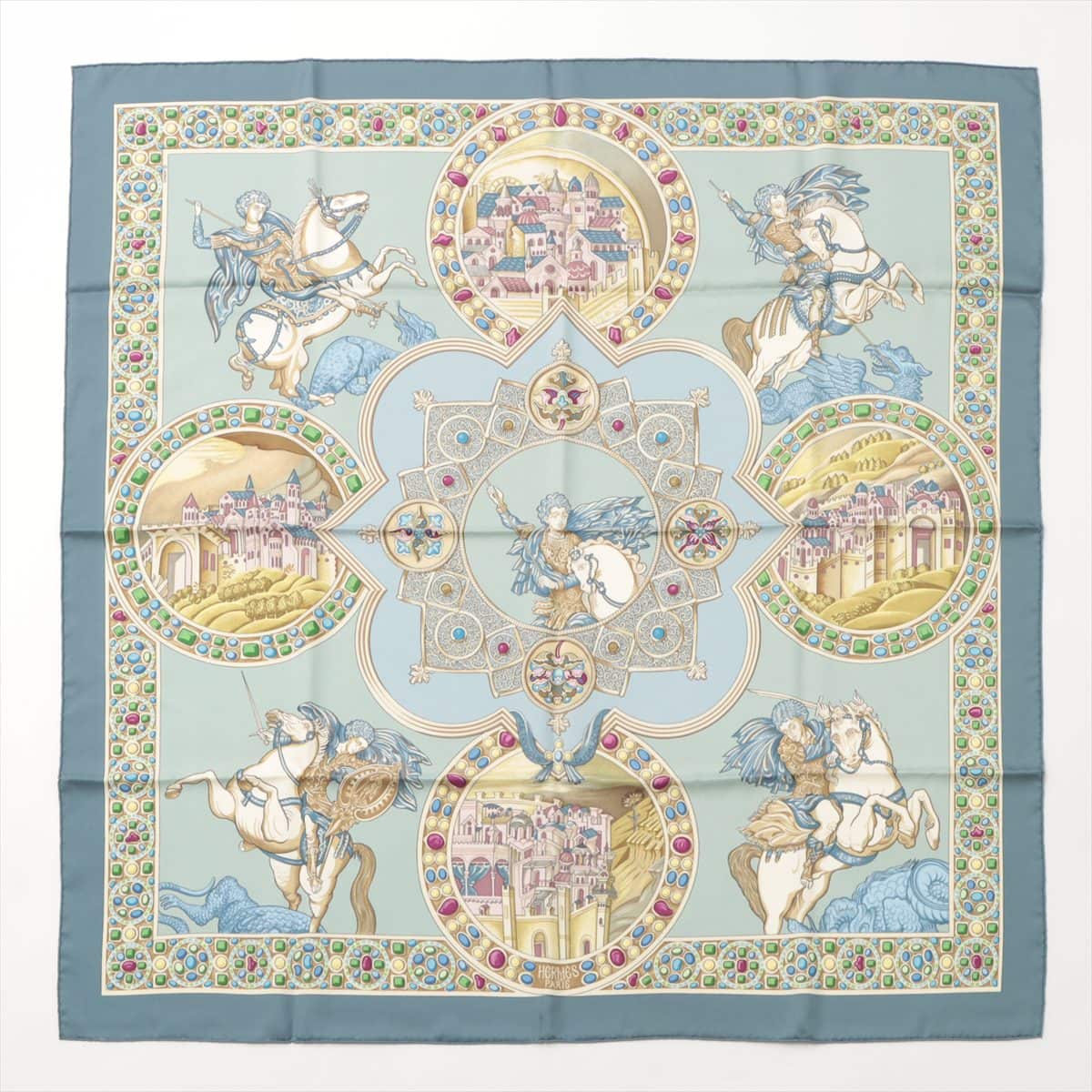 Hermès Carré 90 LE TRIOMPHE DU PALADIN The Triumph of the Knights of Justice Scarf Silk Blue