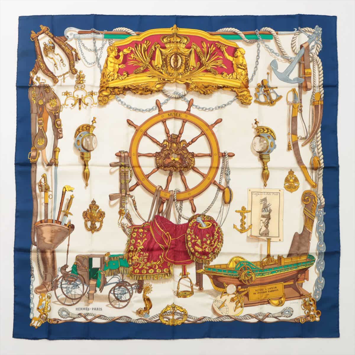 Hermès Carré 90 MUSEE museums Scarf Silk Blue x white