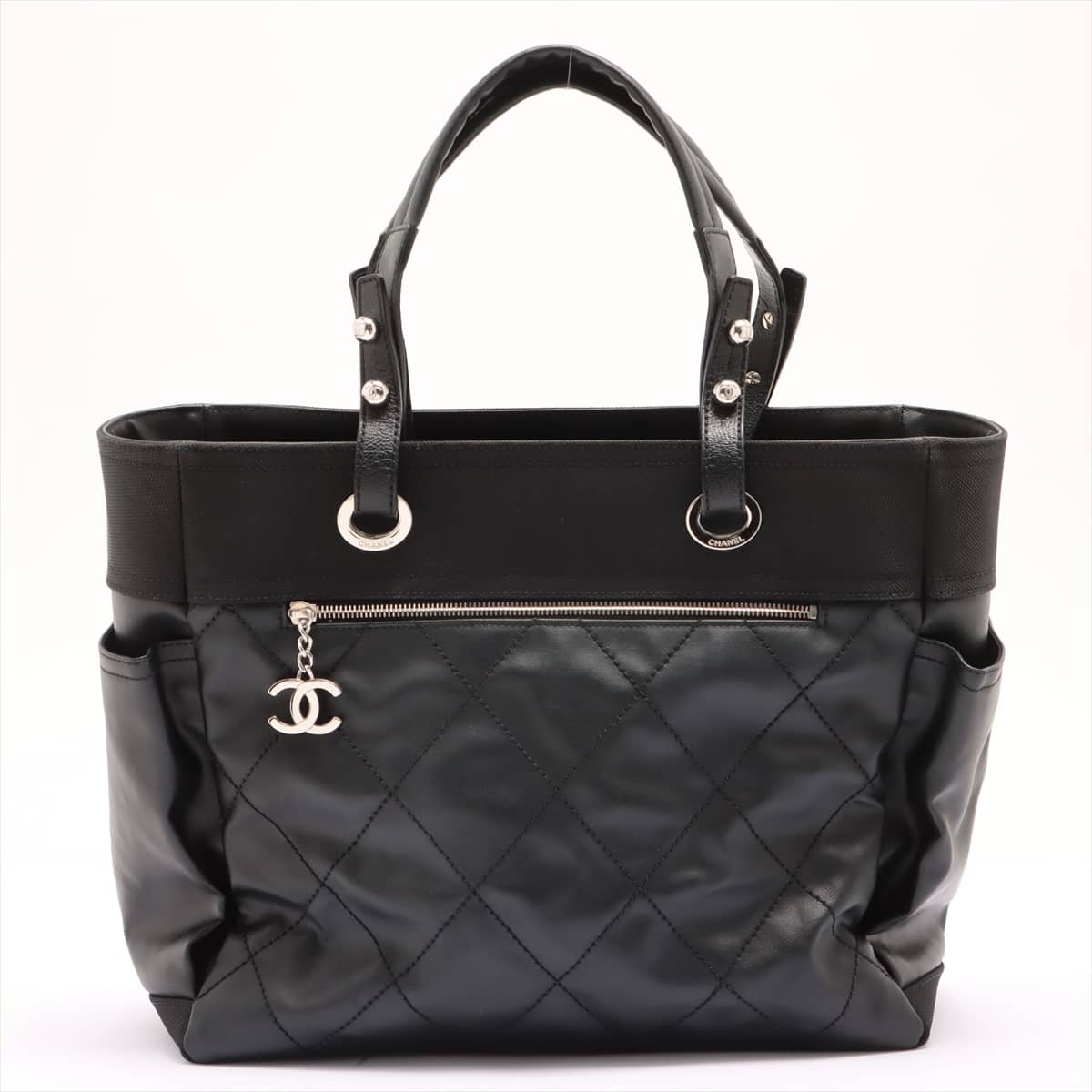 Chanel Paris Biarritz GM Coating canvas x Calf Leather Tote bag Black Silver Metal fittings 13XXXXXX with pouch
