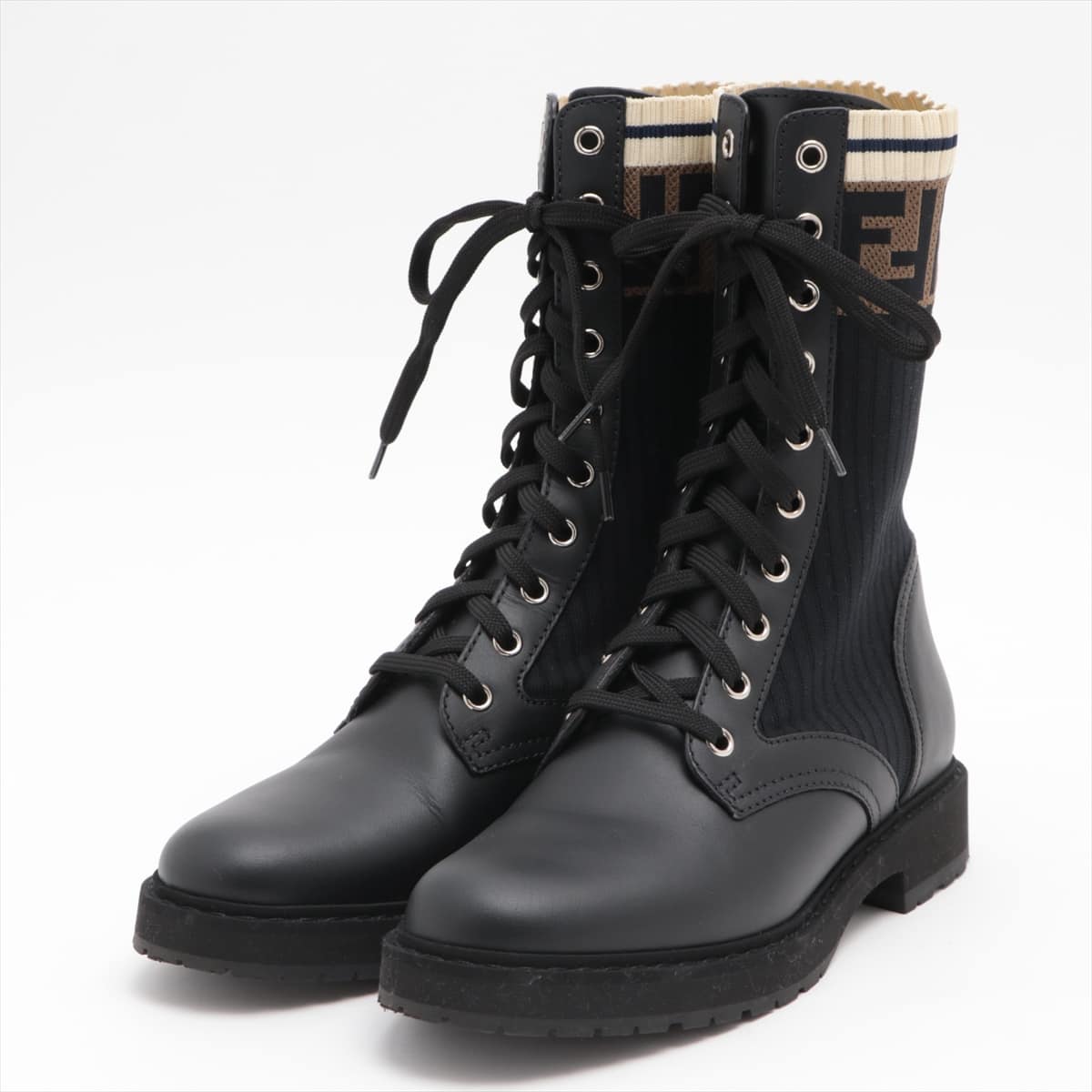 Fendi Knit × Leather Boots 37 Ladies' Black Rococo Lace up biker boots FF logo