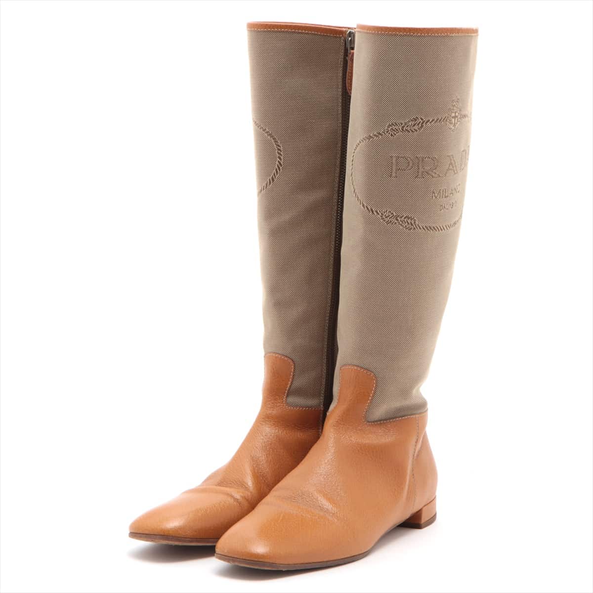 Prada Canvas & leather Long boots 37 Ladies' Beige x orange Logo Print Side zip