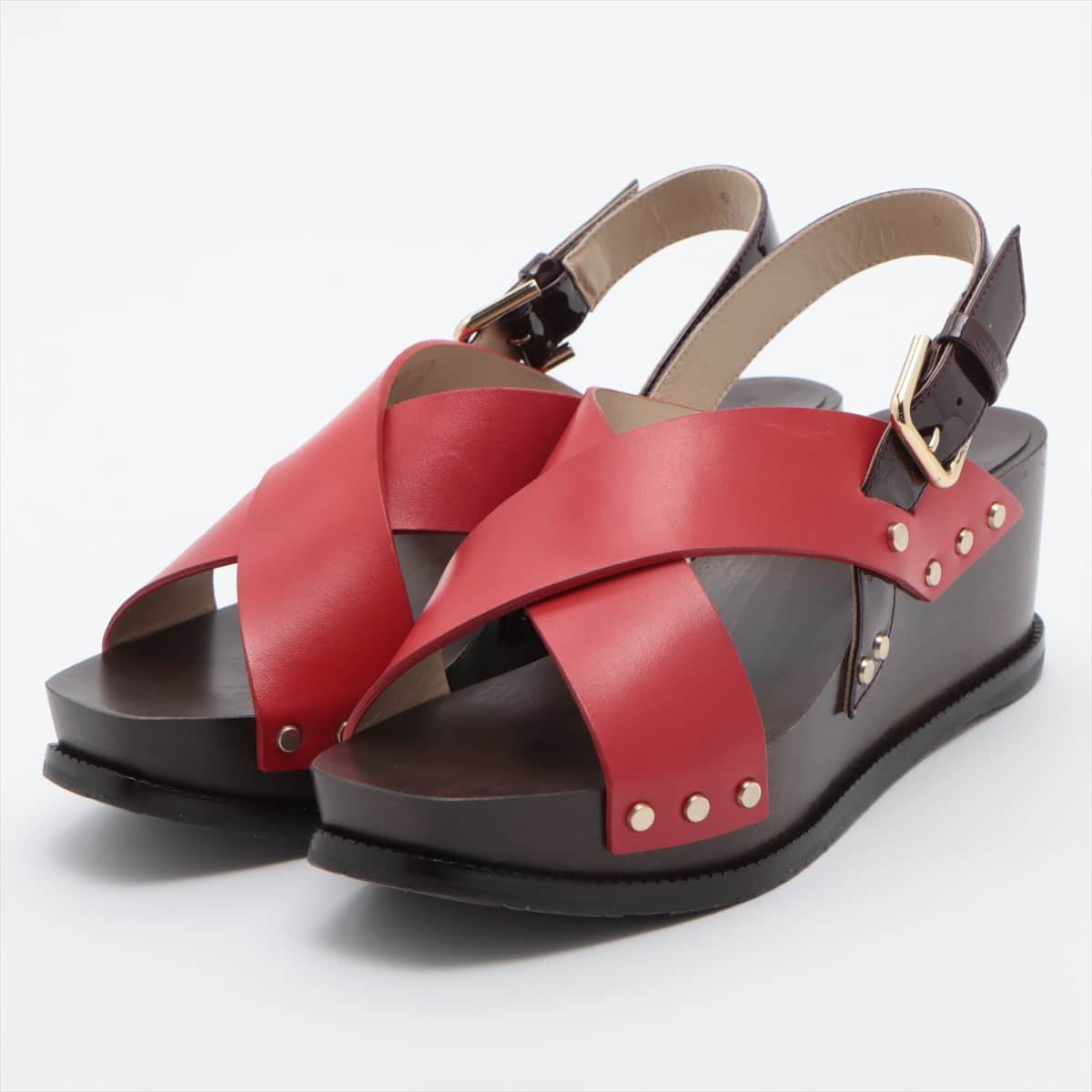 Jimmy Choo Leather x enamel Wedge Sole Sandals 36 Ladies' Red x brown