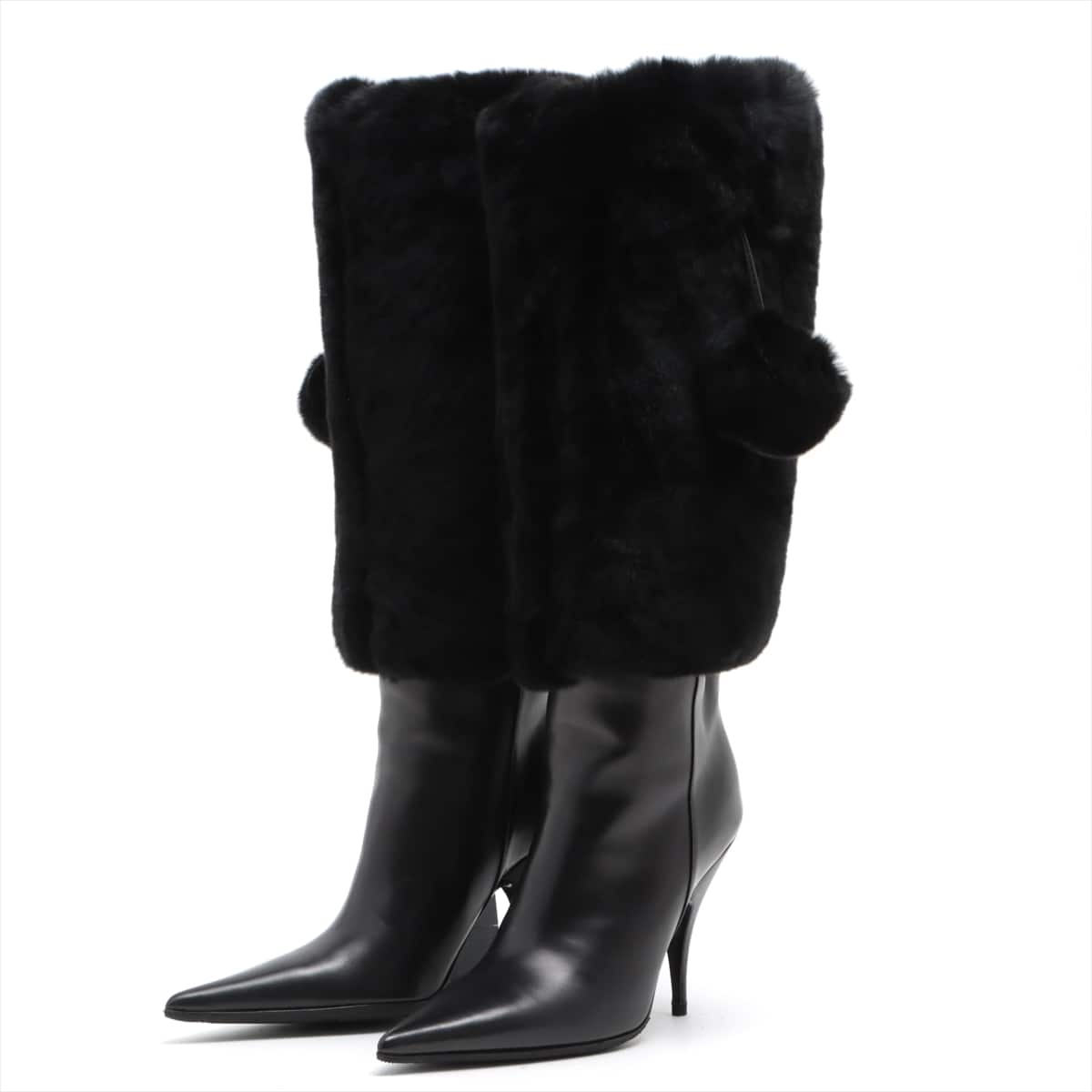 Christian Dior Fur × Leather Long boots 35 Ladies' Black 2WAY Removable fur