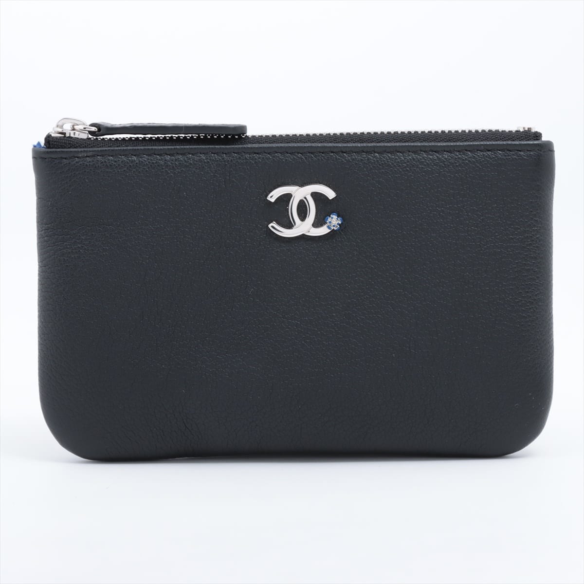 Chanel Coco Mark Leather Pouch Black Silver Metal fittings 27th
