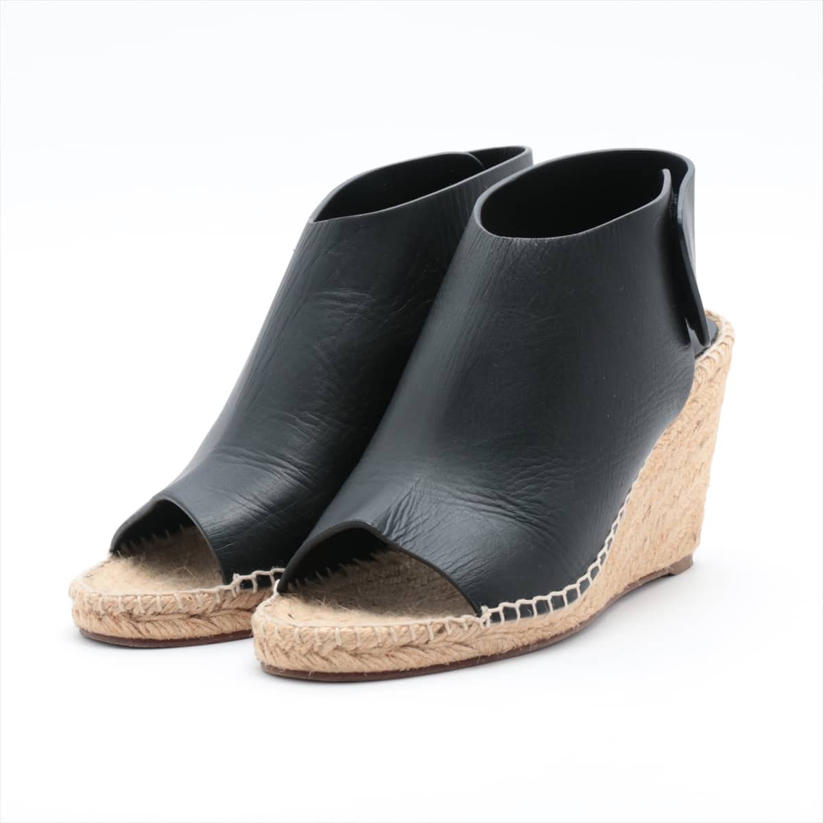 CELINE Phoebe Leather Wedge Sole Sandals 37 Ladies' Black Espadrilles