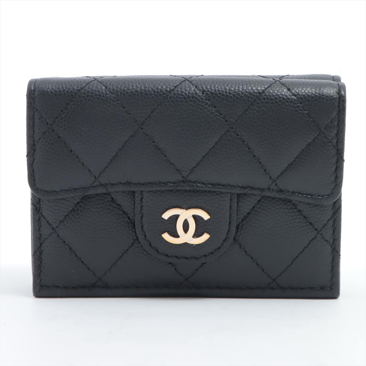 Chanel Matelasse Caviarskin Compact Wallet Black Gold Metal fittings 28th