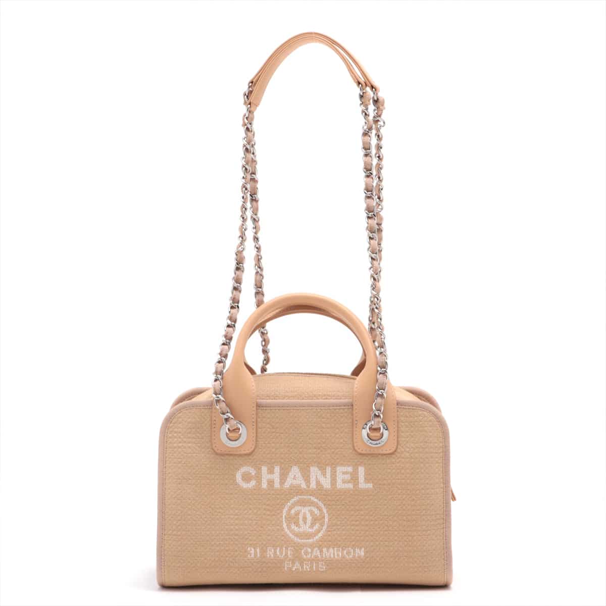Chanel Deauville Canvas & leather 2way handbag Beige Silver Metal fittings