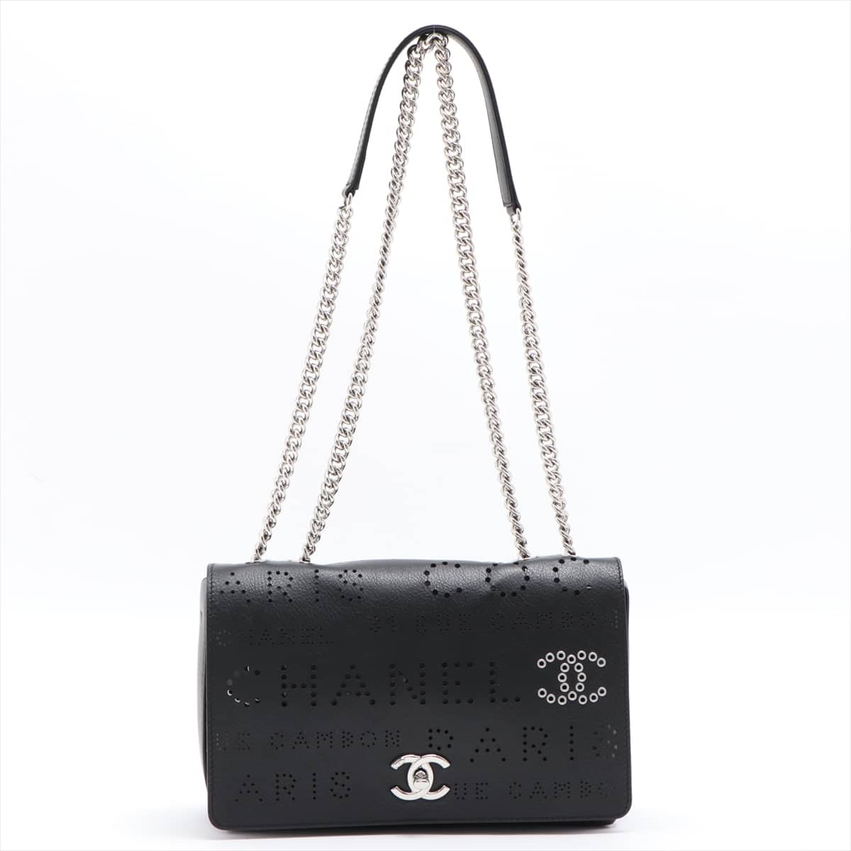 Chanel Coco Mark Punching leather Single flap Double chain bag Black Silver Metal fittings 27th AS0299 with pouch