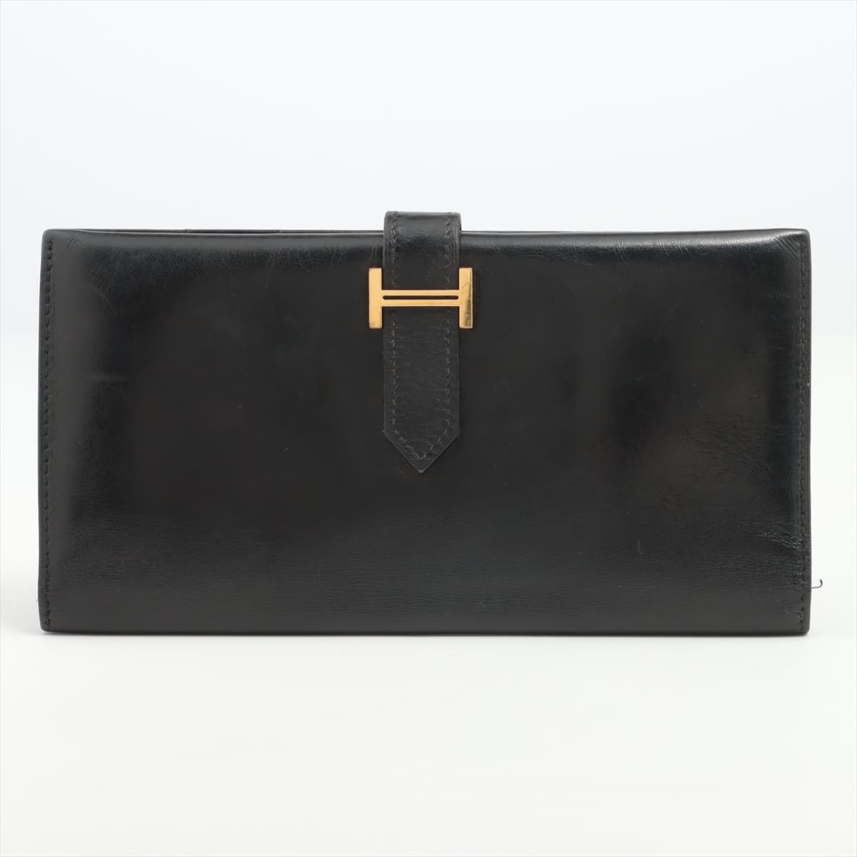 Hermès Bearn Leather Wallet Black Gold Metal fittings □E: 2001