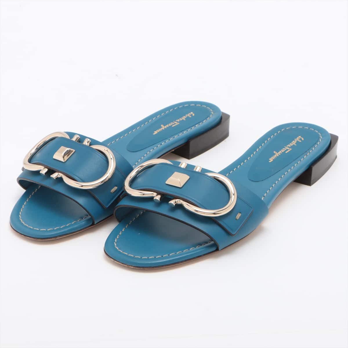 Ferragamo Gancini Leather Mule 7D Ladies' Blue Slide sandals