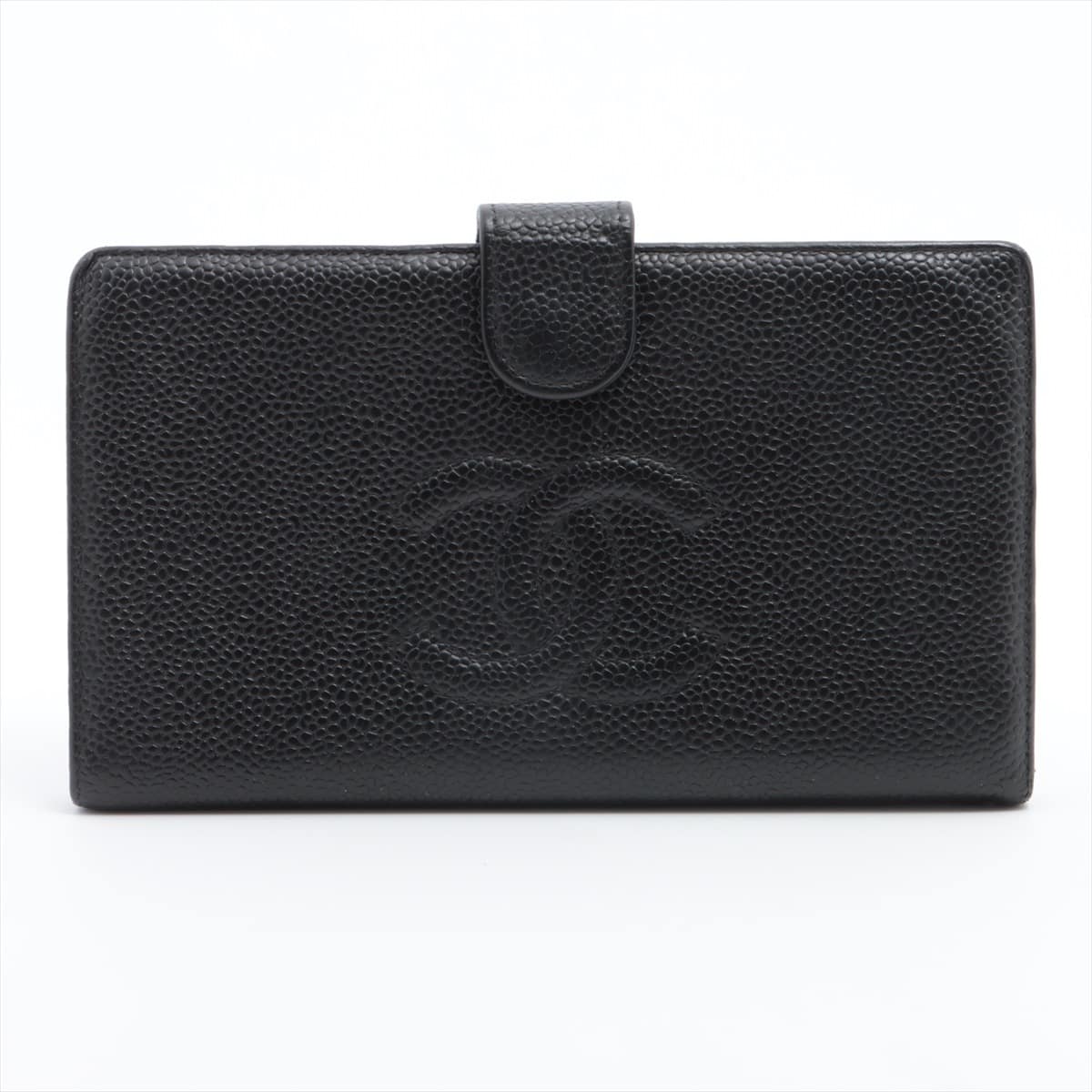 Chanel Coco Mark Caviarskin Wallet Black Gold Metal fittings No serial seal