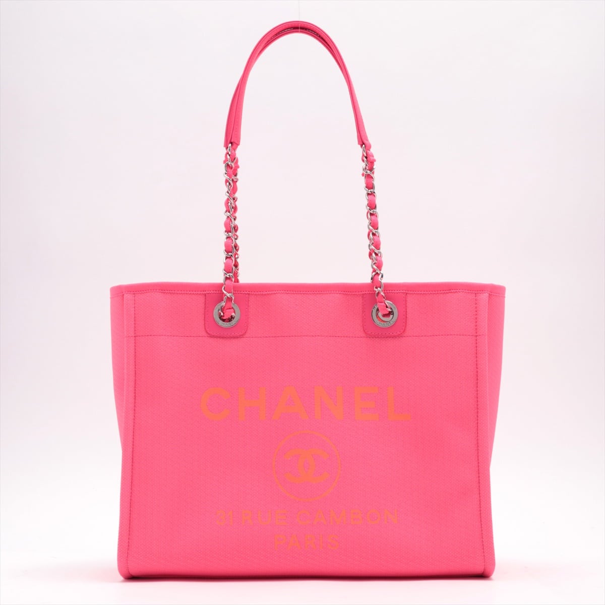 Chanel Deauville MM Canvas & leather Chain tote bag Pink Silver Metal fittings 31st