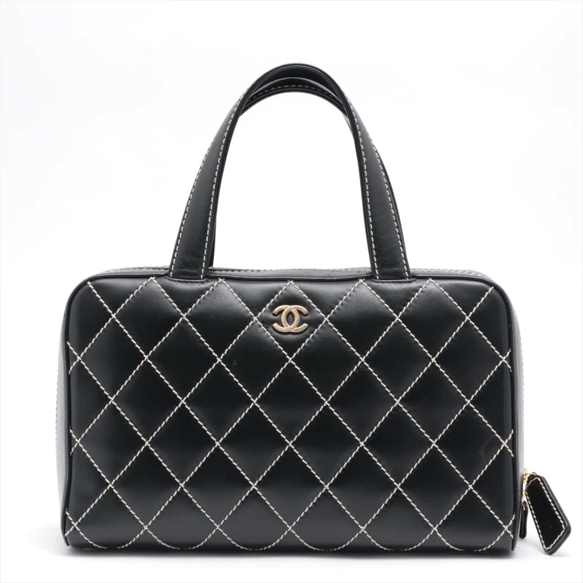 Chanel Wild Stitch Leather Hand bag Black Gold Metal fittings 7XXXXXX Comes with divider pouch