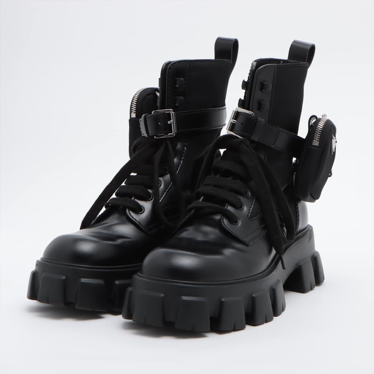 Prada Nylon & Leather Boots 8 Men's Black 2UE007 Monolith Detachable pouch