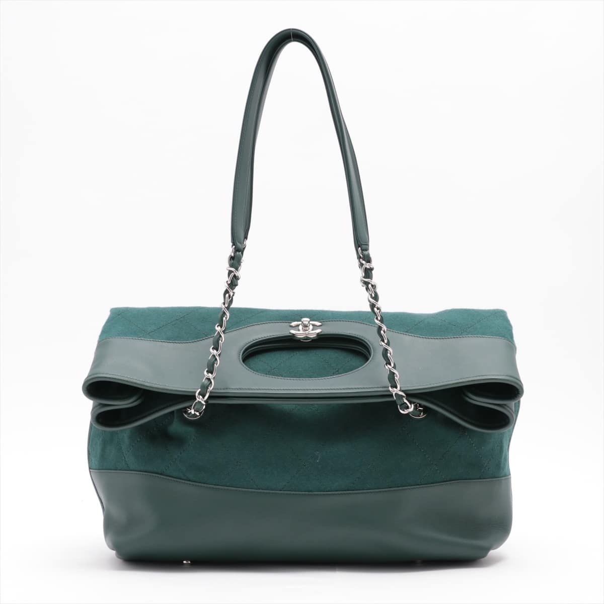 Chanel Matelasse Cotton & Peather 2way handbag Green Silver Metal fittings