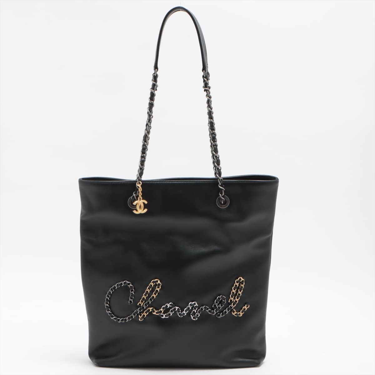 Chanel Logo Calfskin Chain tote bag Black Gunmetallic hardware 29th