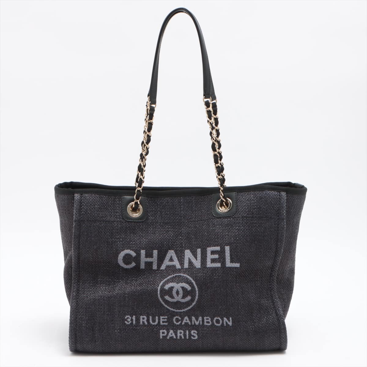 Chanel Deauville Straw Chain tote bag Navy blue Gold Metal fittings 26XXXXXX