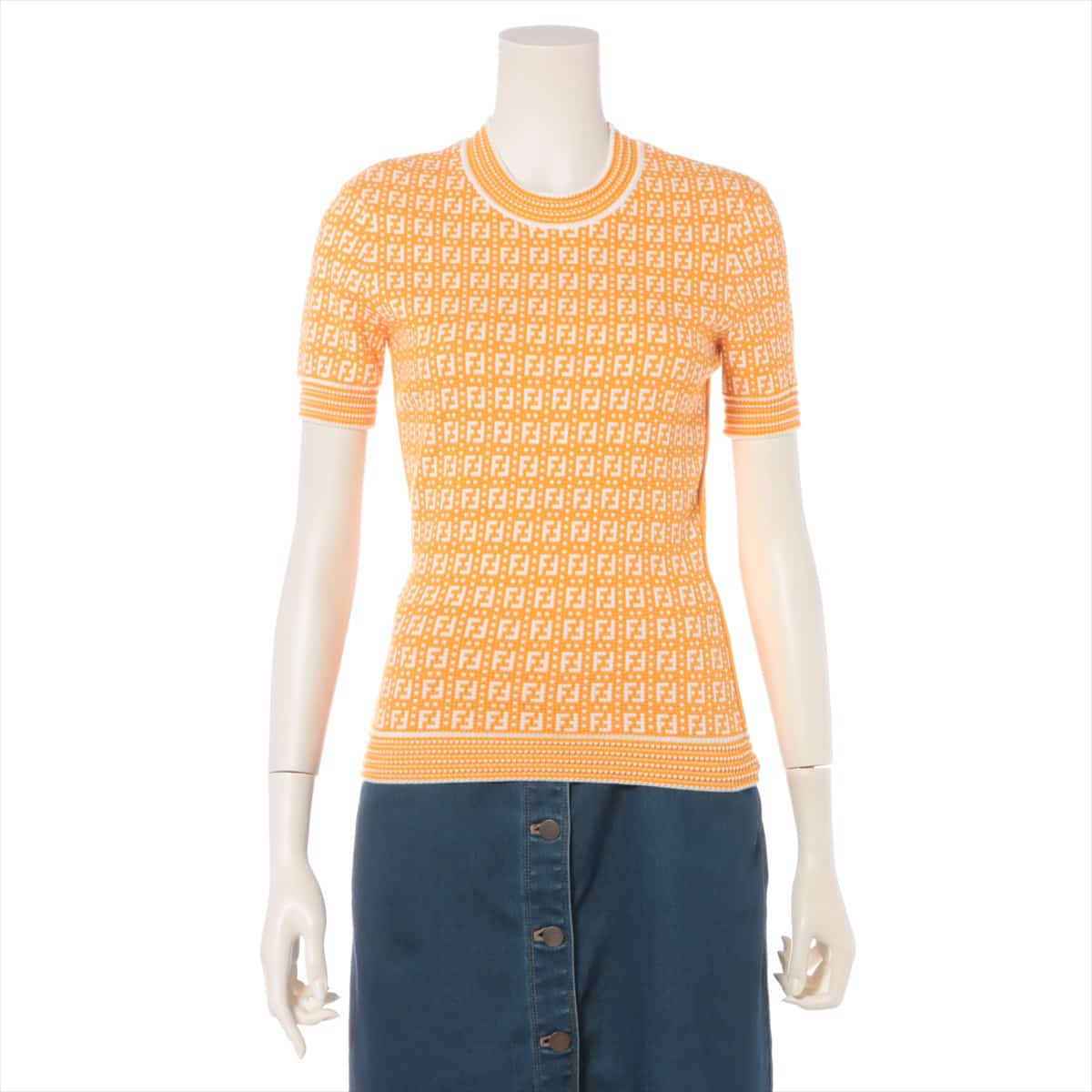 Fendi ZUCCa 20SS Polyester × Rayon Short Sleeve Knitwear 38 Ladies' White x orange  FZX649-AF4U
