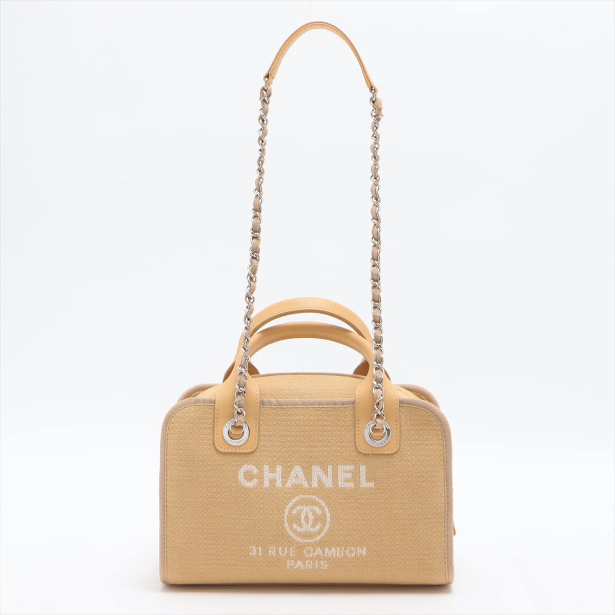 Chanel Deauville canvas 2way handbag Bowling bag Beige Silver Metal fittings There is an IC chip